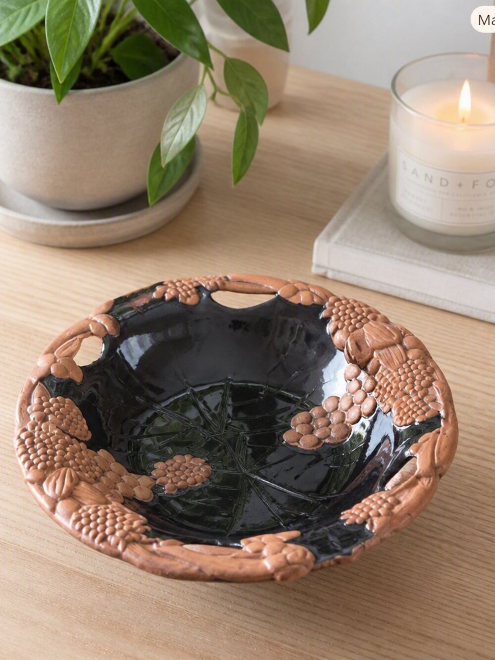 Claire Burke Decorative Black Ceramic Bowl with Terracotta Fruit‑Relief Rim